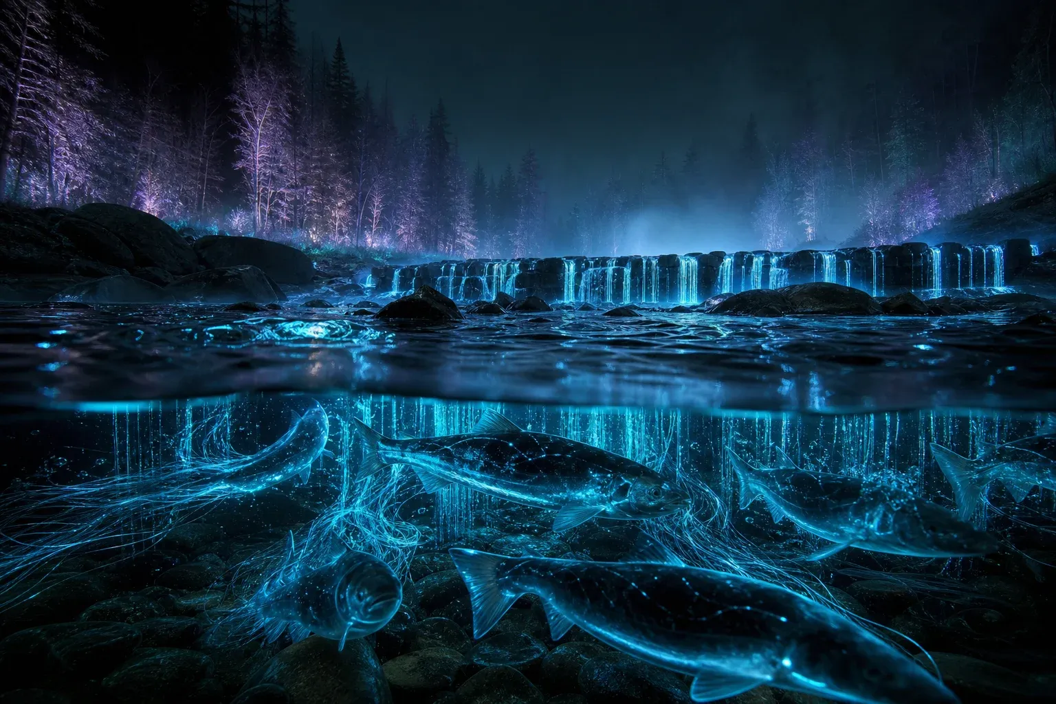Glowing translucent fish swim up a dark river, trailing light-threads that snag on a stone weir and align into bright vertical columns.