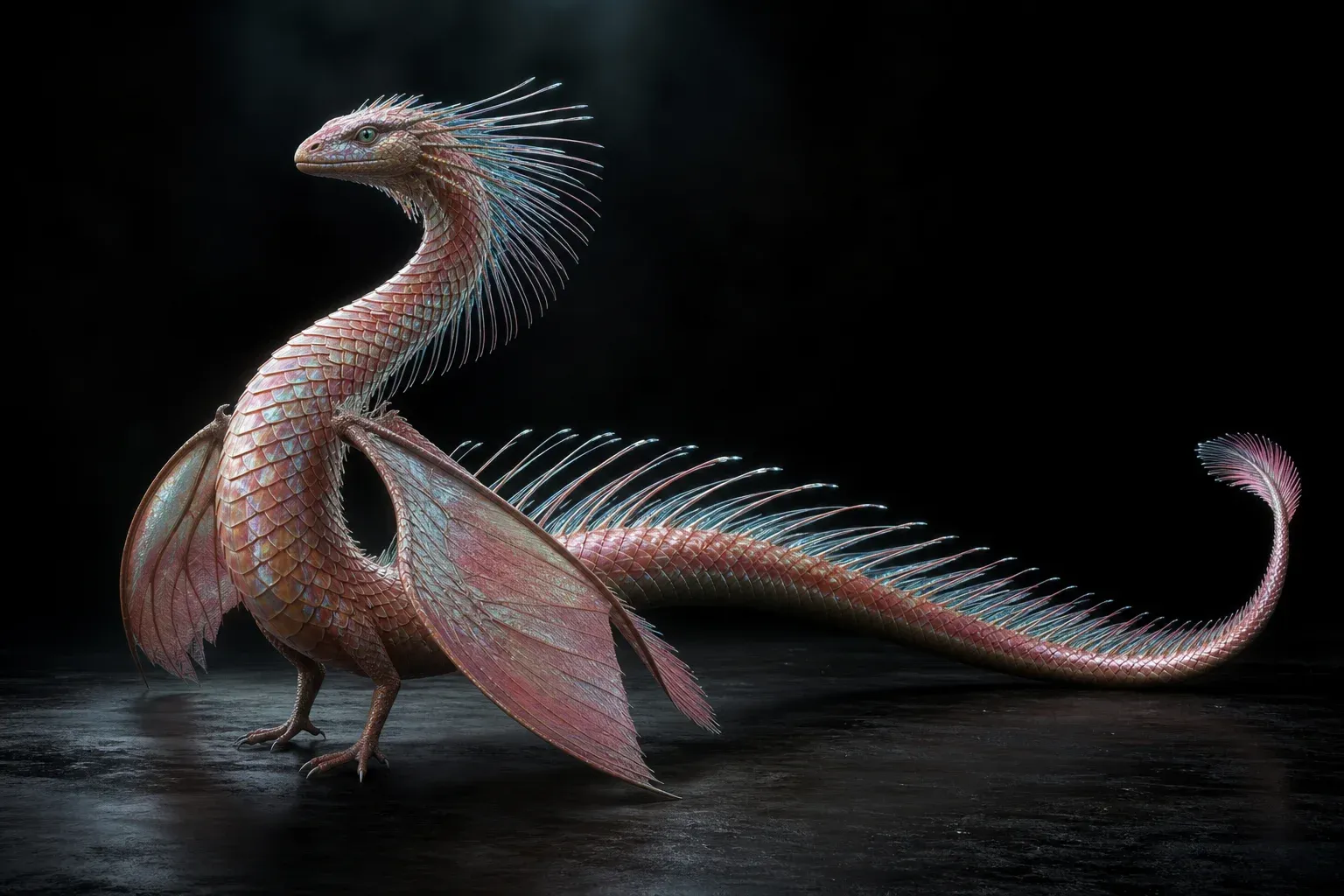 A long winged reptile with salmon-pink iridescent scales curved in a precise arc, lit by cold spotlights against a black backdrop.