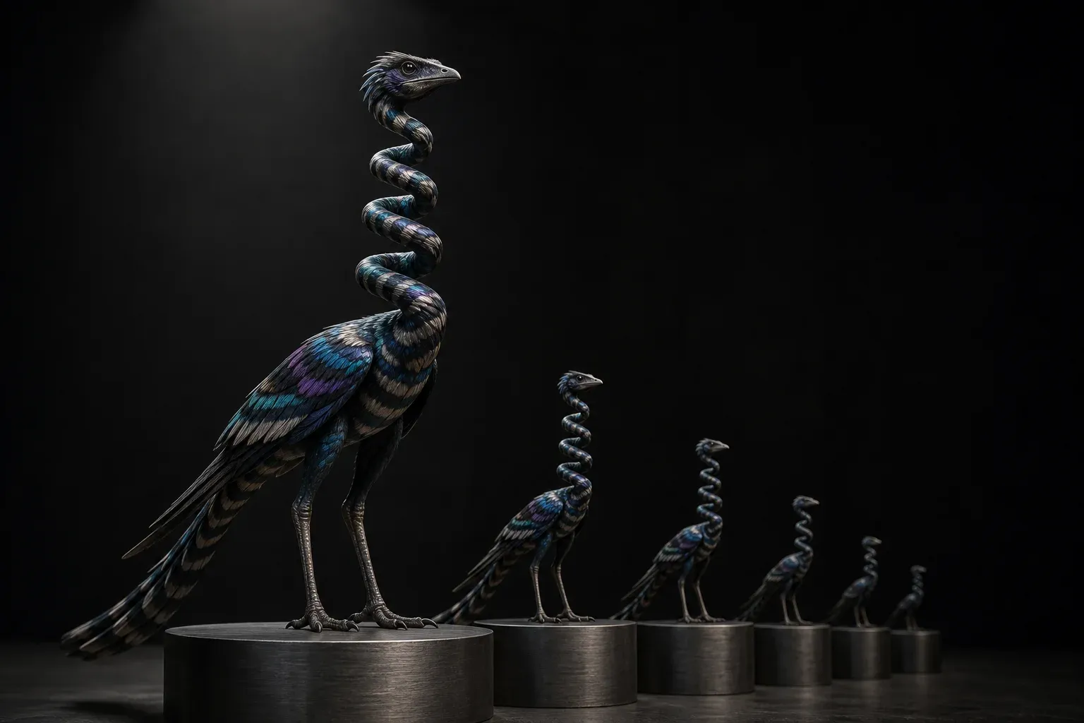 A feathered reptile-bird specimen on a steel pedestal, with five smaller versions of it on descending pedestals, all evenly lit against black.