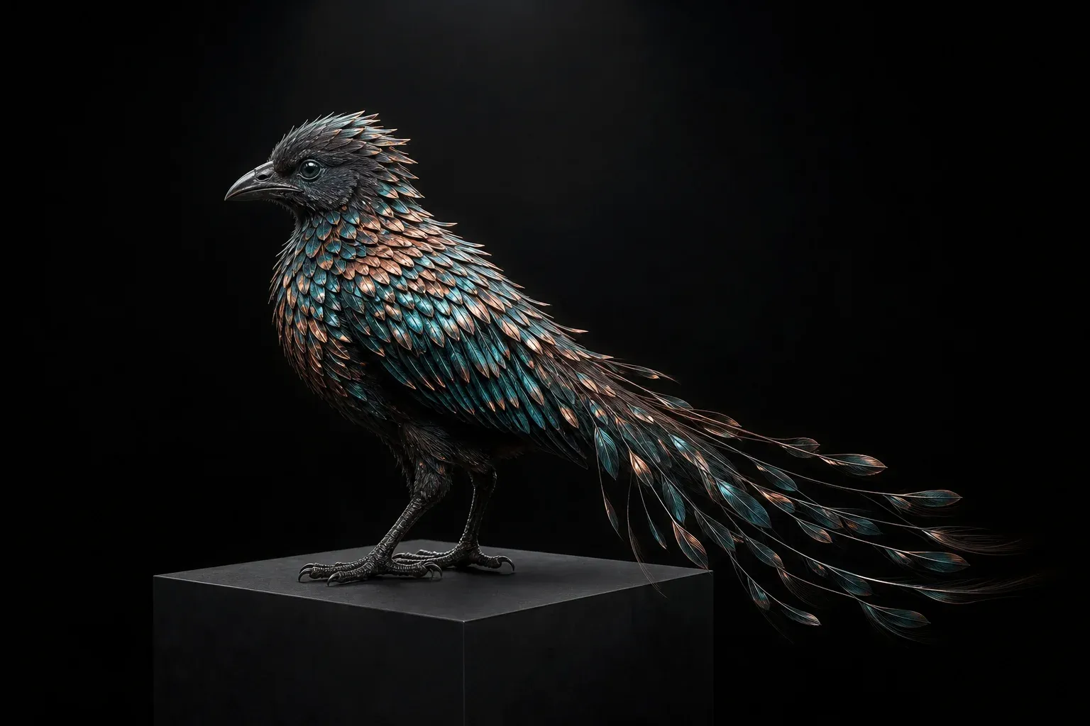 A small feathered creature on a black plinth under studio light, its paired iridescent feathers dense at the shoulders and thinning to a translucent tail fringe.