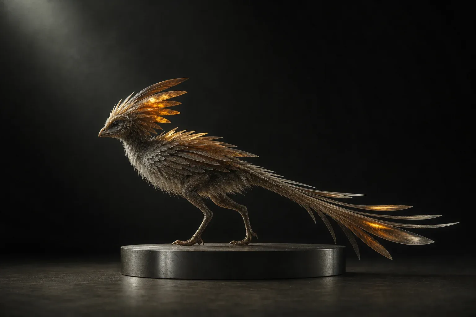 A feathered reptilian creature on a steel pedestal in black studio light, its plumage in three layers ending in glowing amber crest feathers.
