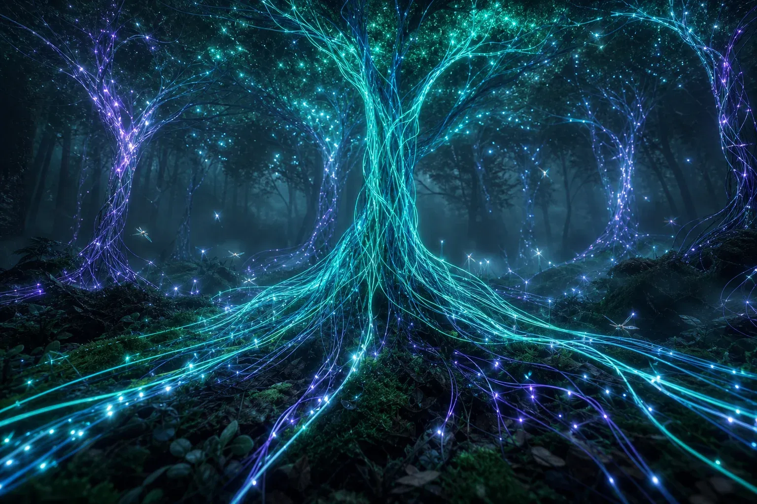 Thousands of thin glowing filaments on a misty forest floor braid upward into a few bright ranked cords of light.