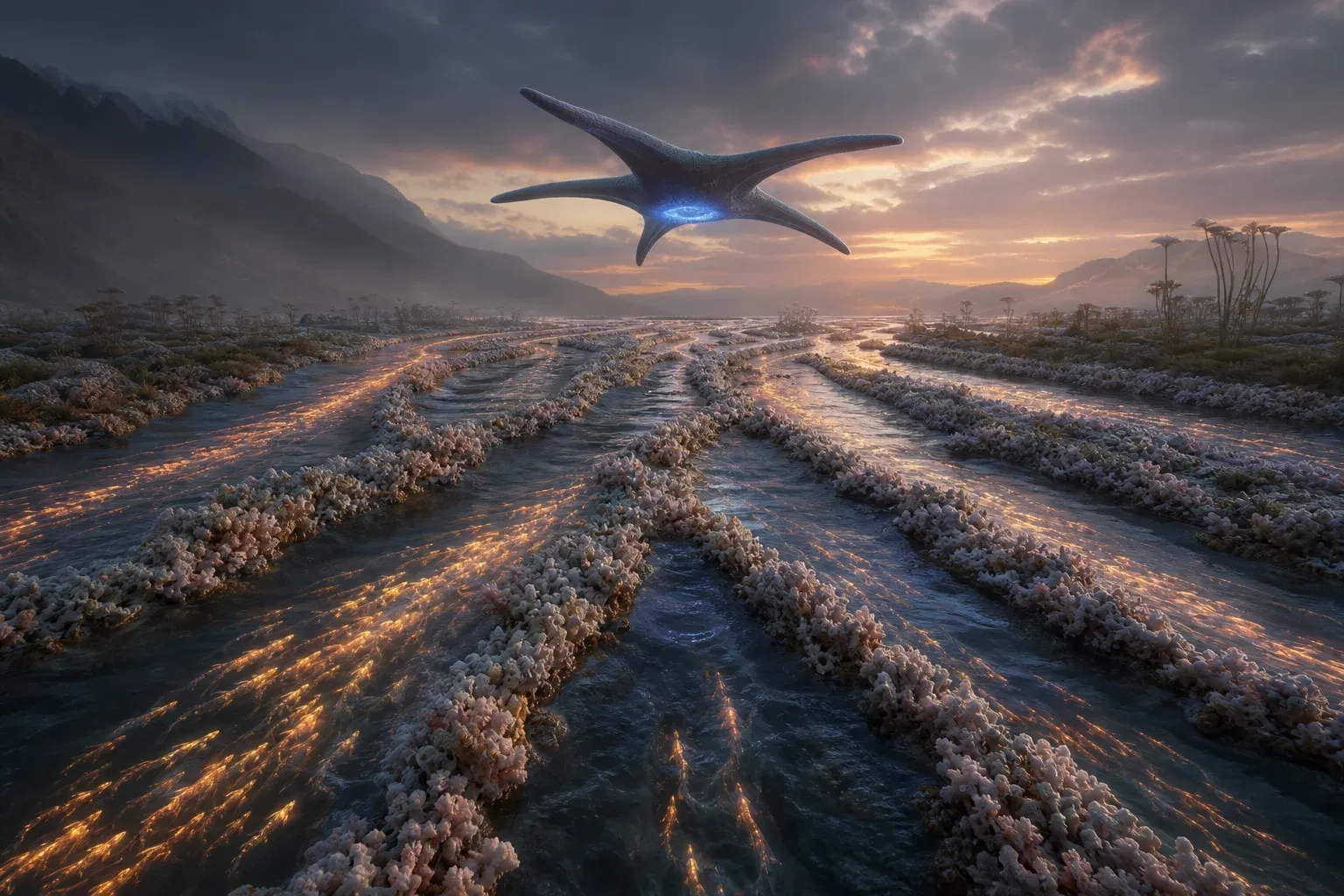 Glowing salmon-like fish swim upstream through many narrow channels of a dusk river while a large five-armed floating organism pulses light above them.