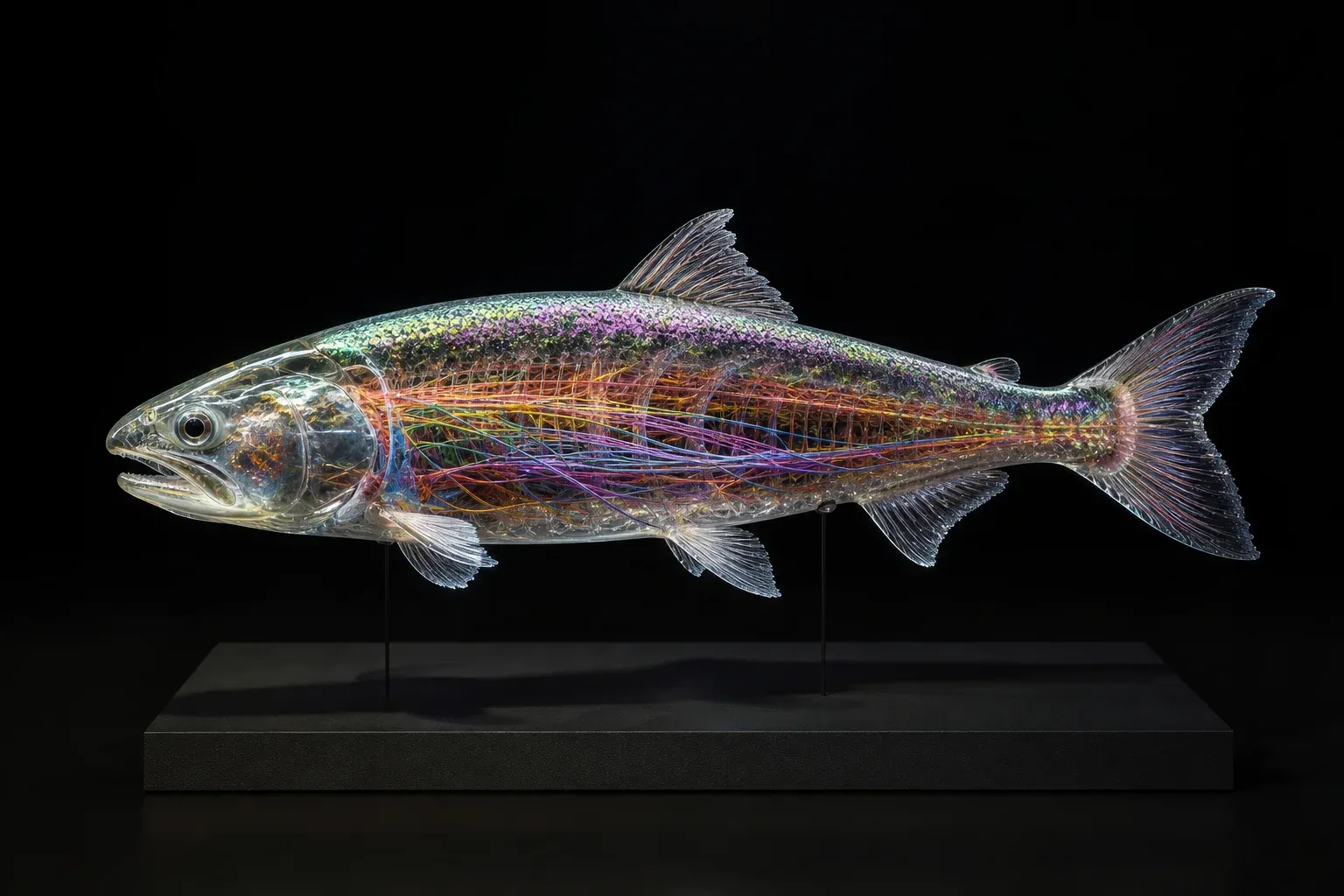 A translucent iridescent salmon-like creature lit in a dark studio, its body filled with sorted glowing colored filaments.
