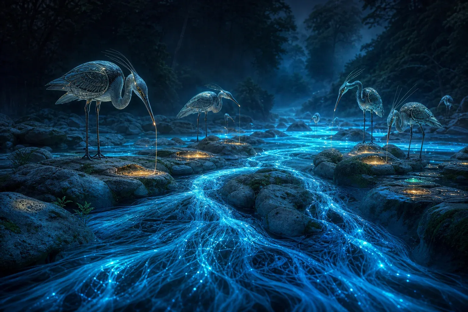 Glowing blue filaments flow through a river that splits and rejoins around a stone weir, where tall birds pluck out amber-colored strands.