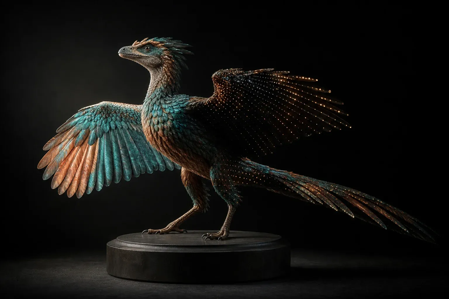 A feathered reptile specimen on a dark studio pedestal, one side fully lit in sharp detail, the other lit only by scattered pinpoints of light.
