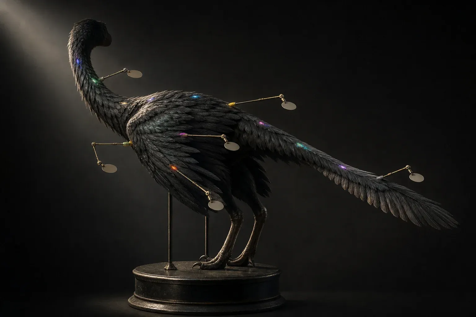 A dark feathered reptile specimen under studio light, its plumage dotted with individual glowing colored scales marked by hovering brass calipers and blank tags.