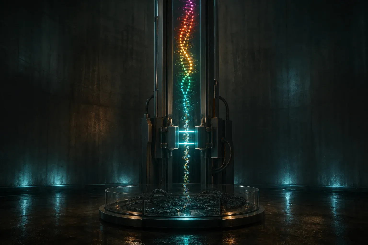 A lab machine pulls a glass DNA filament upward, tagging points along it with glowing colored beads that fan into tiers.