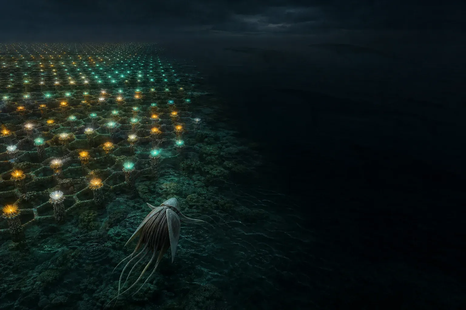 A grid of glowing coral pillars in three colors covers a dark reef, with unlit creatures moving in the black water beyond it.