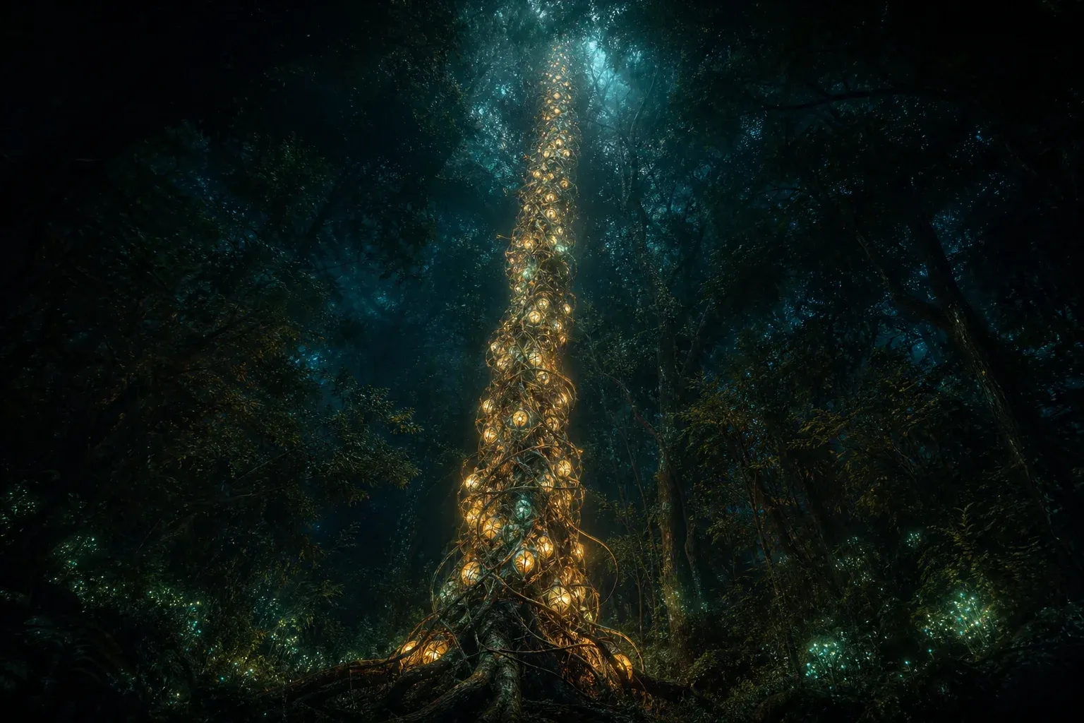 A giant hanging forest vine strung with thousands of glowing translucent seed pods, some dark or fused, photographed from below in misty blue light.