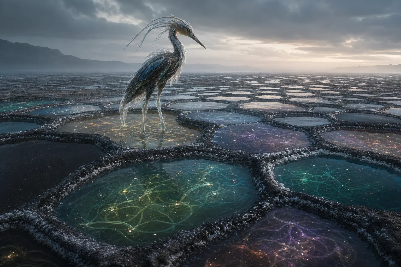 A vast grid of shallow glowing pools on a dark tidal flat, each holding drifting tendrils, with a translucent wading creature among them.