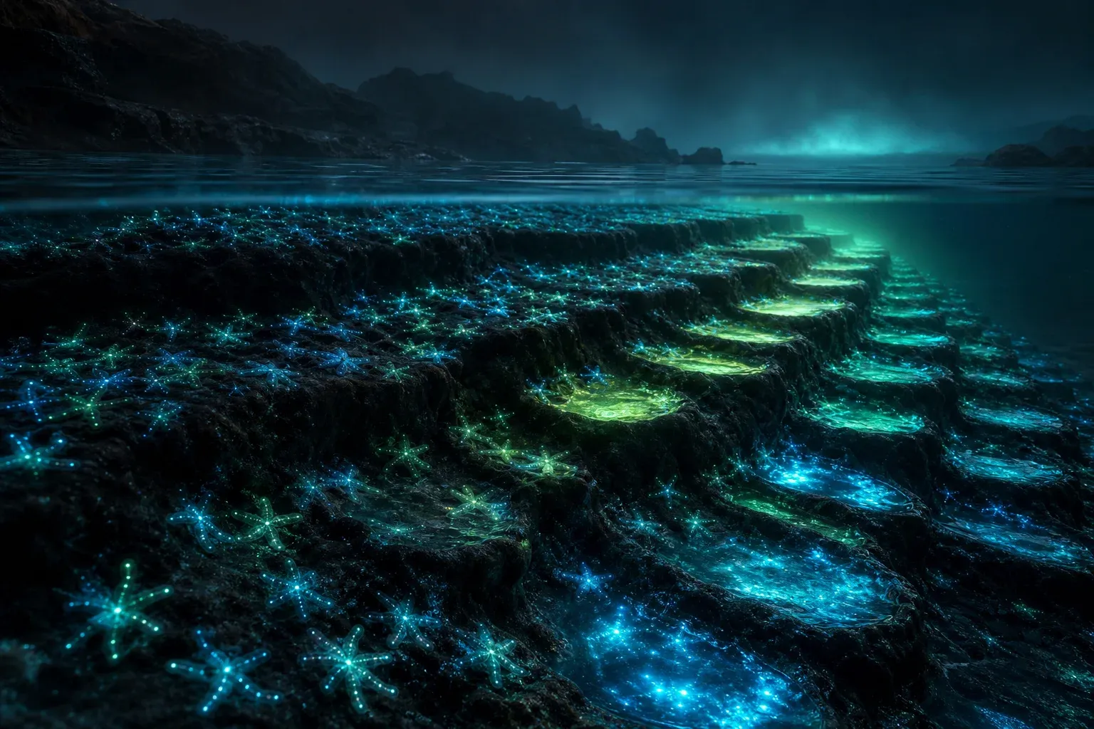 Five-armed glowing sea creatures on a grooved coral shelf at night, funneling captured specks of light into pools of varying brightness.