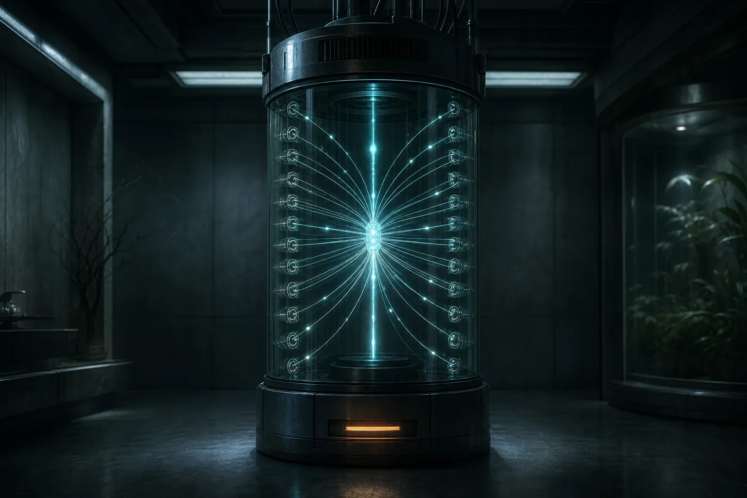 A lab instrument with one glowing central strand and many fine threads radiating to glass ports, bright segments sliding inward.