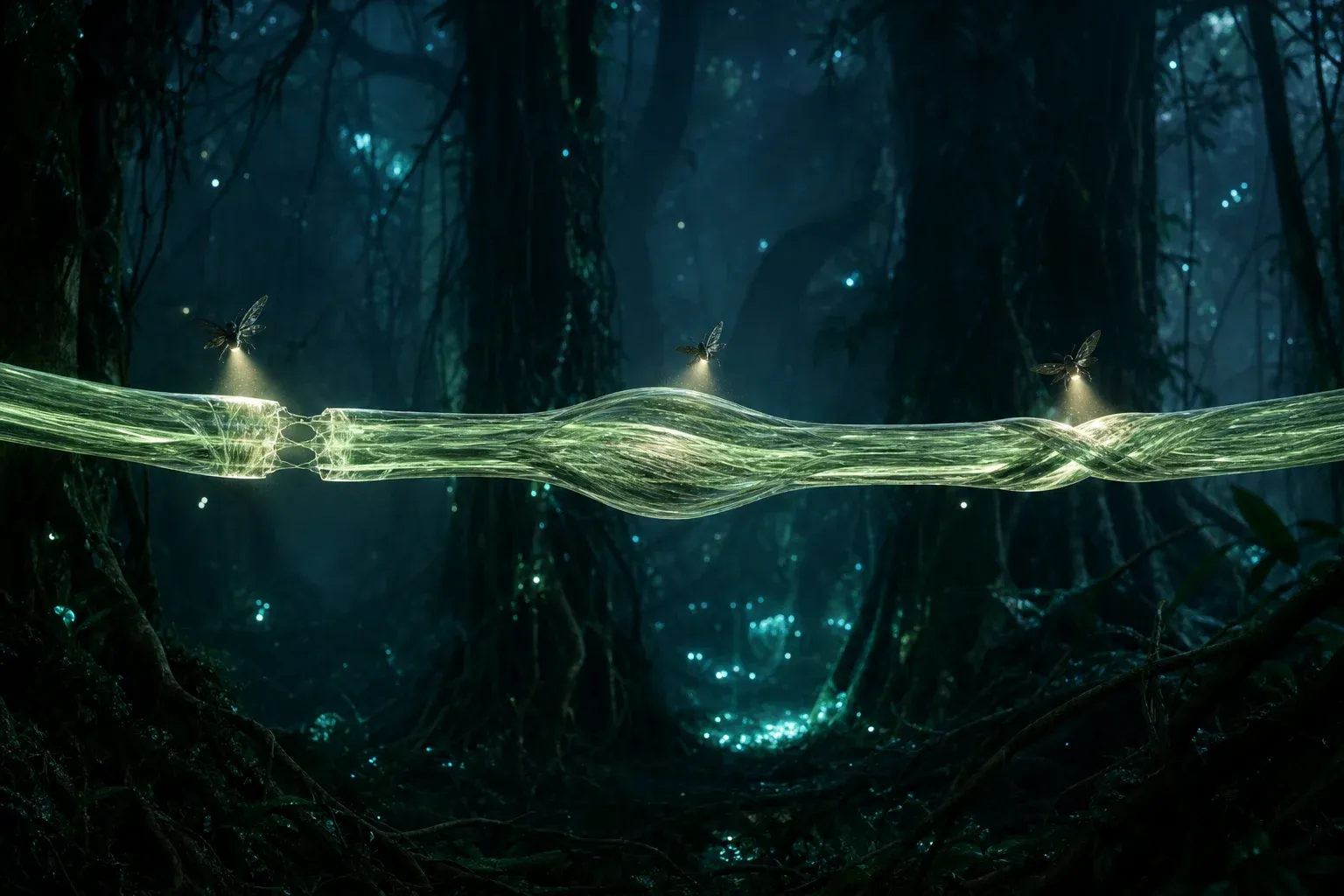 A glowing translucent forest vine with internal fibers showing a gap, a doubled bulge and a twisted section, lit by hovering insects.