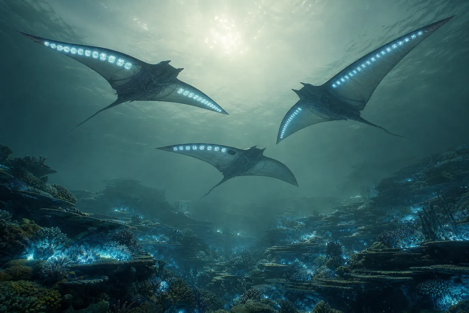 Three giant manta-like creatures glide over a glowing reef, luminous plate bands on their wings repeated, reversed, or missing.