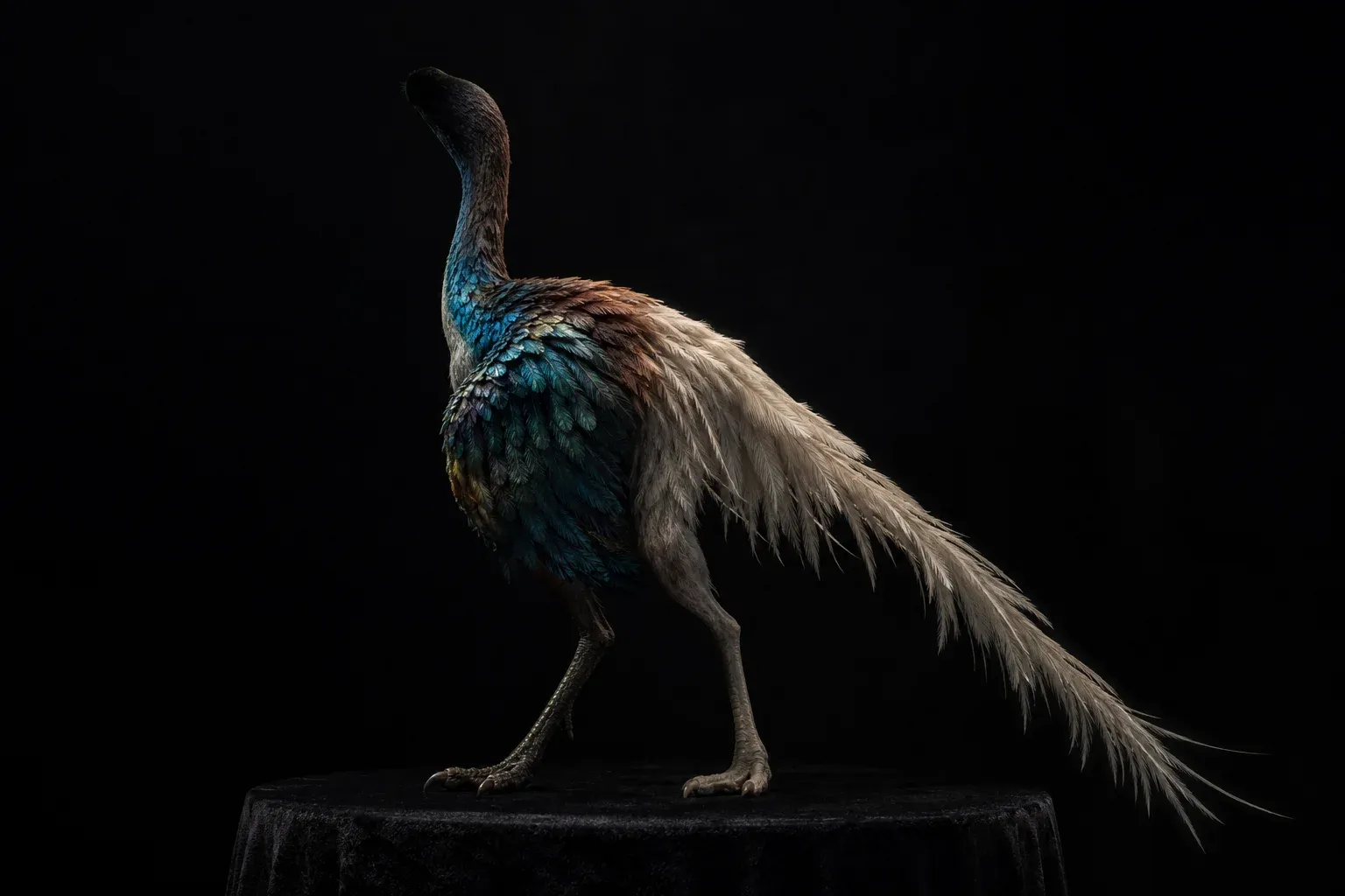 A feathered reptilian specimen on a black plinth, its plumage dense on one flank and pale and loose on the other, throat glowing faint blue.