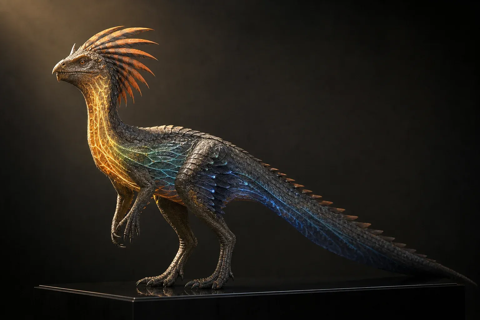A crested feathered reptile specimen on a black plinth, glowing gold-to-blue channels along its throat, lit by a single narrow light.