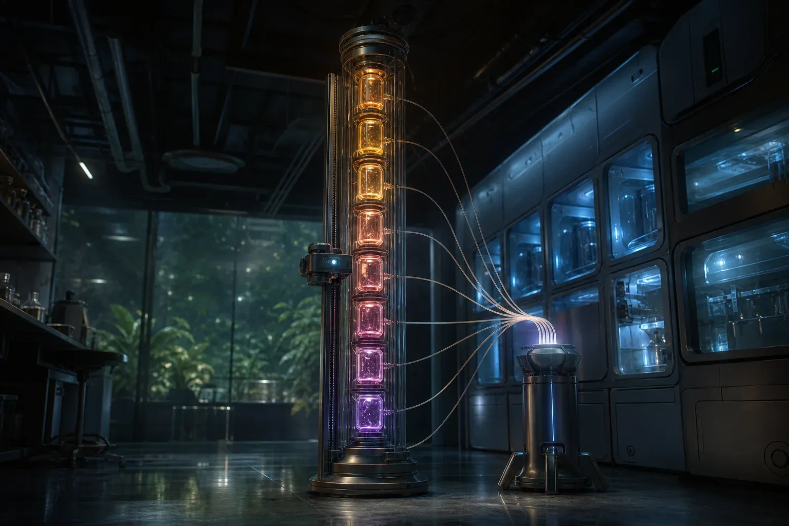 Eight glowing sample vessels stacked in a glass column inside a dim laboratory, scanned by a sliding reading head.