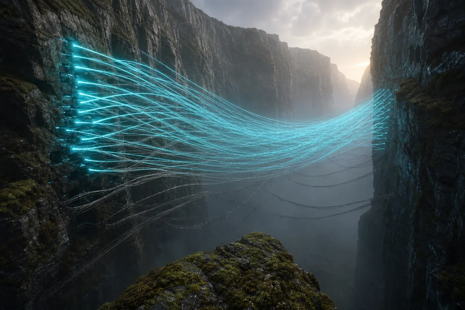 Glowing filaments arc across a misty canyon, joining matching notches on opposite cliff faces, with older frayed strands sagging below.