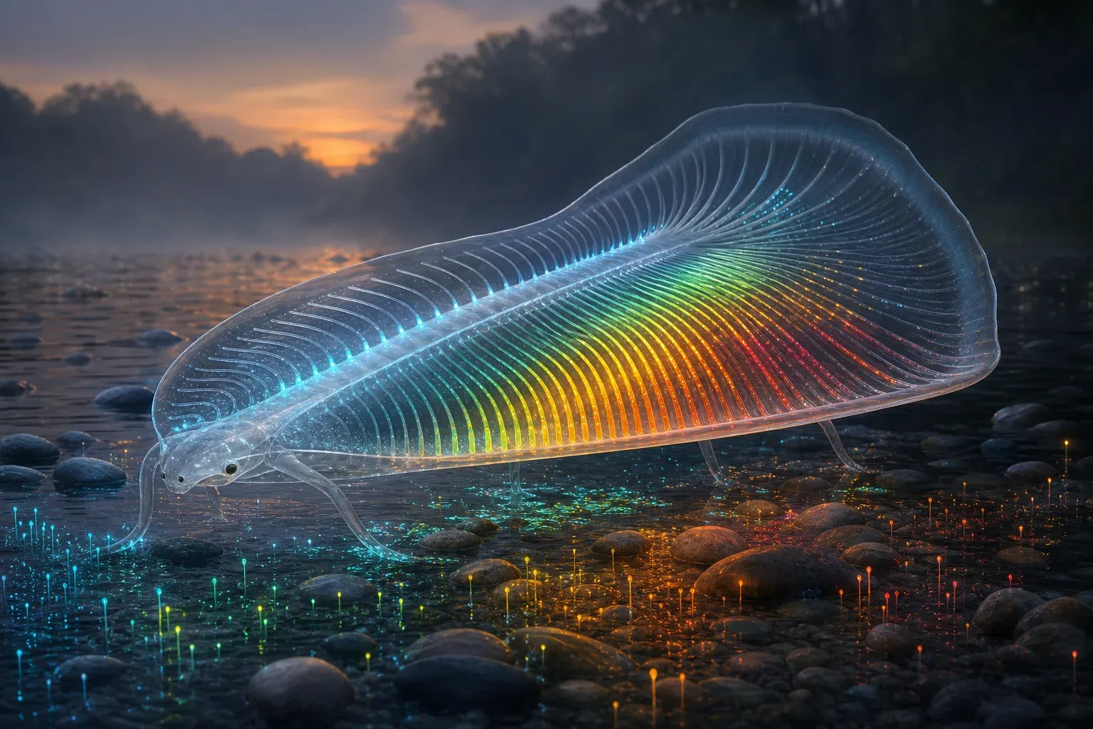 A translucent fan-shaped river creature filters thousands of glowing strands from dark water and sorts them into ranked columns of light.