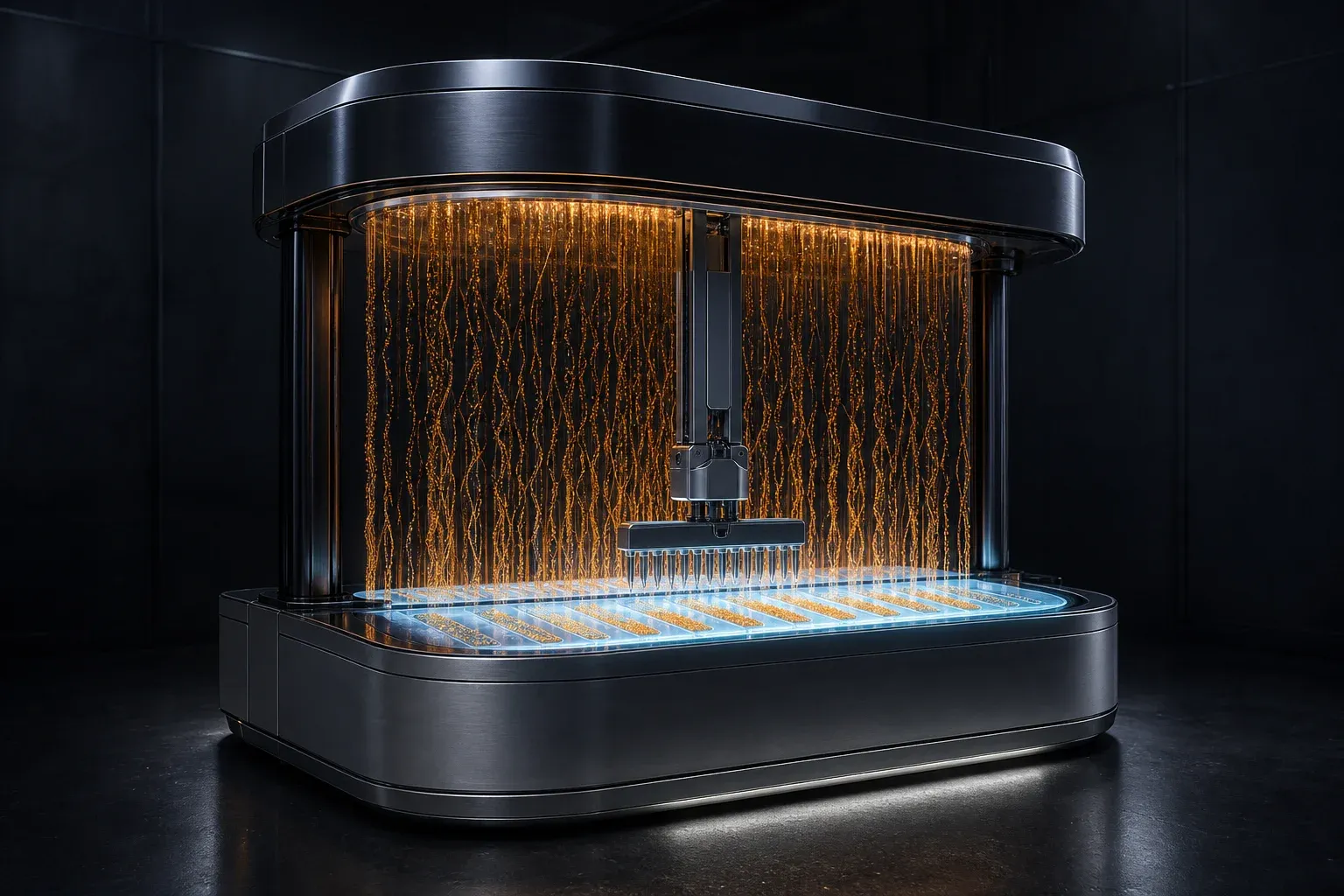 A lab instrument sorting a hanging curtain of glowing amber RNA filaments onto a blue-lit glass plate in a dark room.