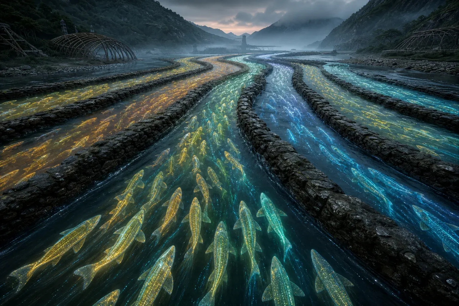 Translucent glowing fish swim upstream at dusk, sorted by the color of their internal light into separate stone channels of a braided river.