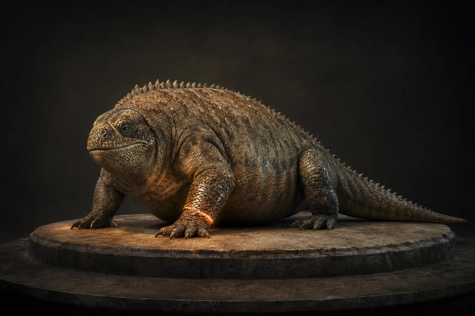 A heavy-set reptile on a plinth wears a faintly glowing woven metal band on one foreleg, the other foreleg bare.