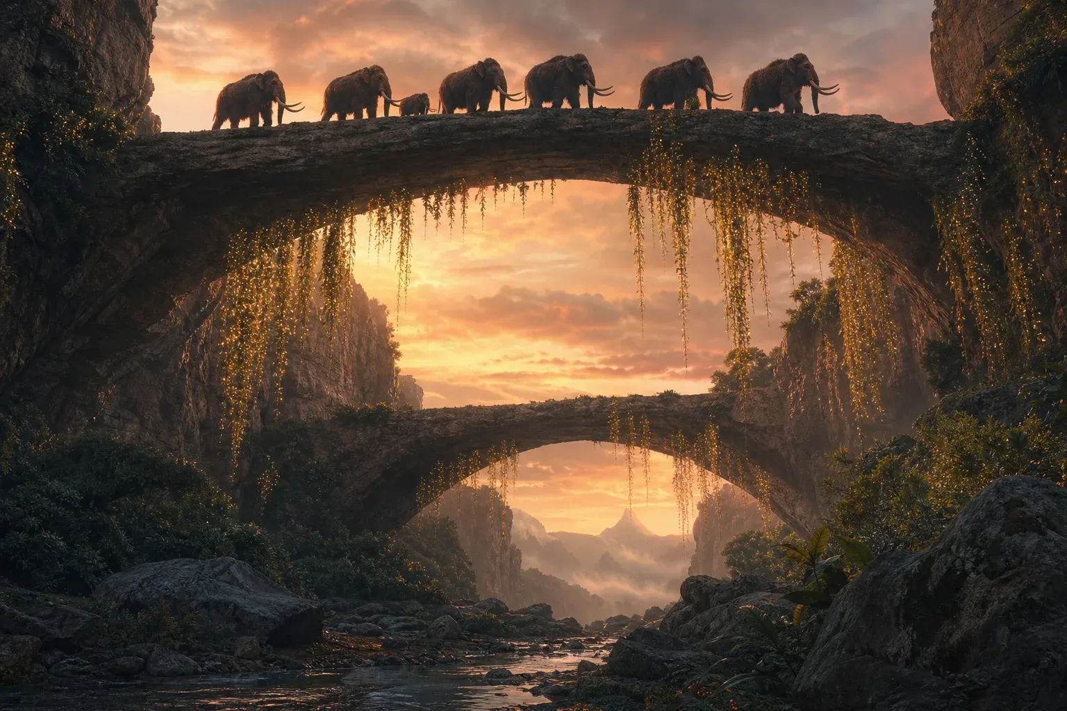 Two stone bridges of the same shape span a canyon at sunset, with mammoths crossing the larger one.