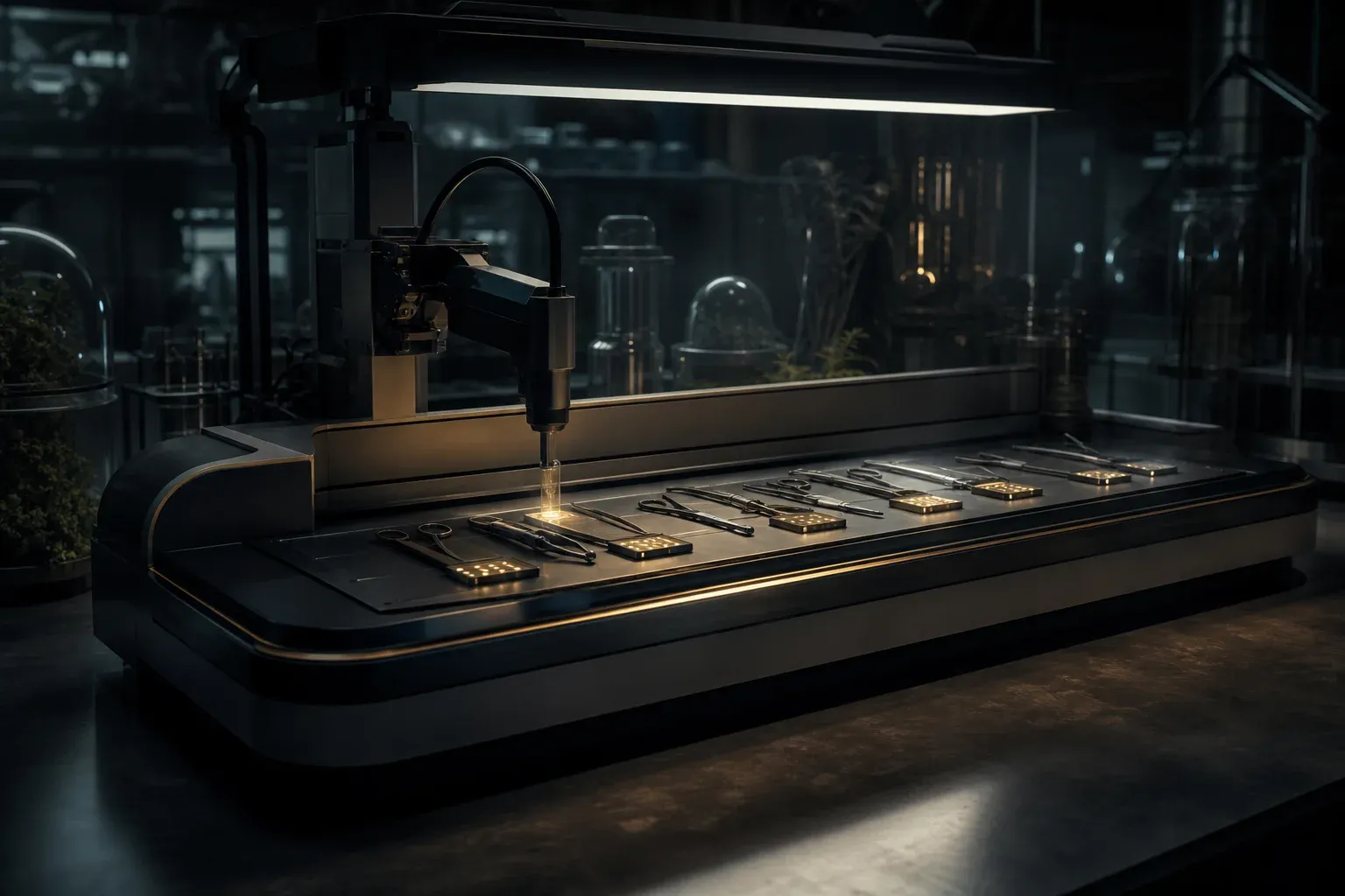 A laboratory station places small metal tags with glowing raised dots beside instruments on a moving tray.