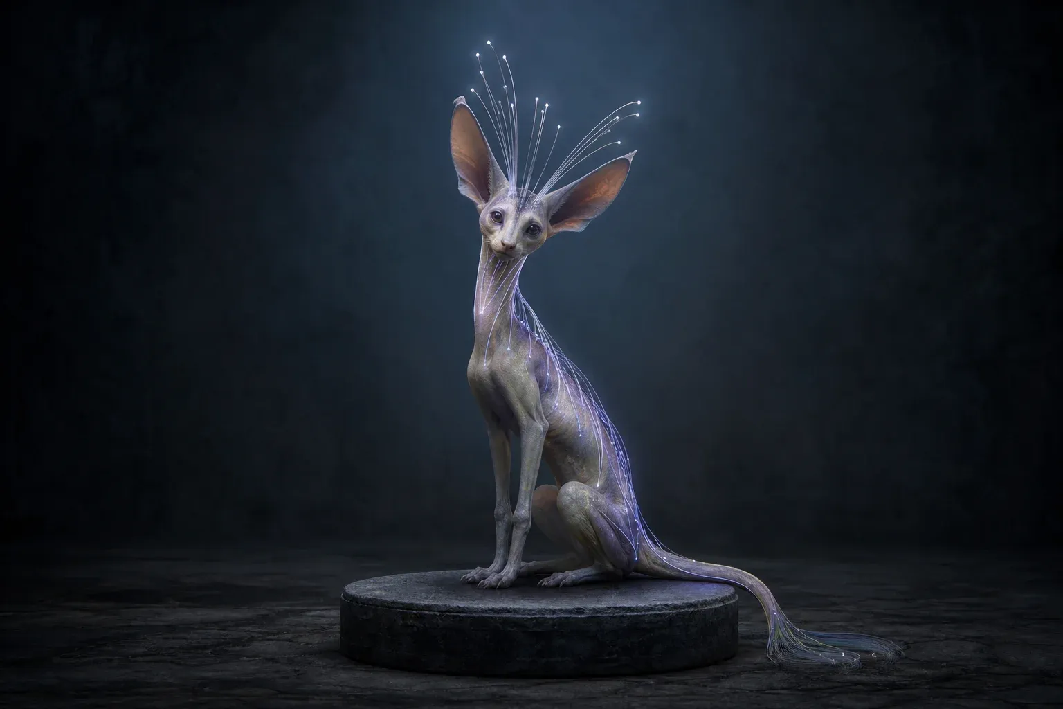 A lean long-eared creature with a crest of fine antennae sits upright, threads of light running down its spine.