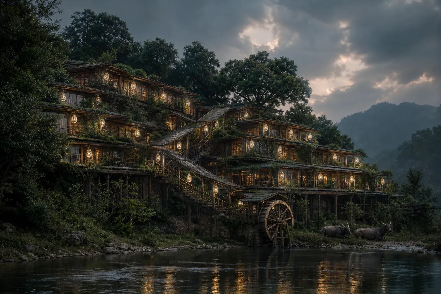 A terraced hillside of timber workshops with matching lanterns steps down to a river and a water wheel.