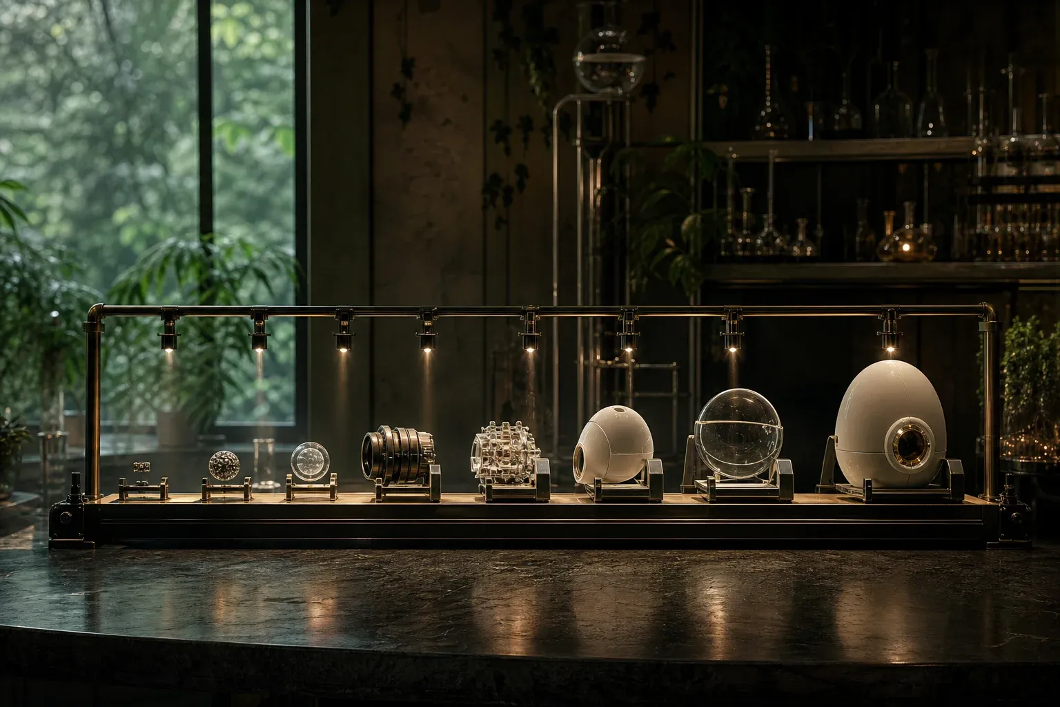 The parts of one device laid out in order along a lit rail in a laboratory, ending with the finished unit.