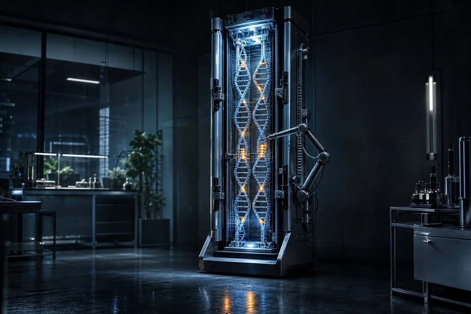 A lab instrument draws two glowing DNA strands through a slit, tagging the mismatched rungs that flare amber.