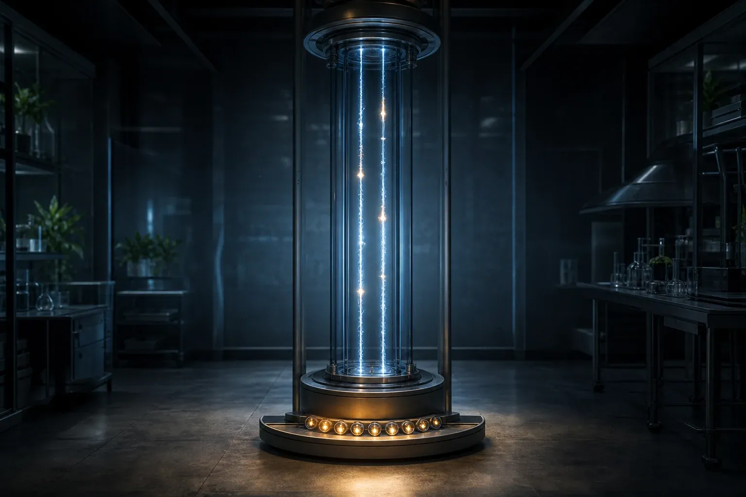 A lab instrument holding two glowing parallel strands with amber mismatch points, dropping a few bright beads into a steel tray below.