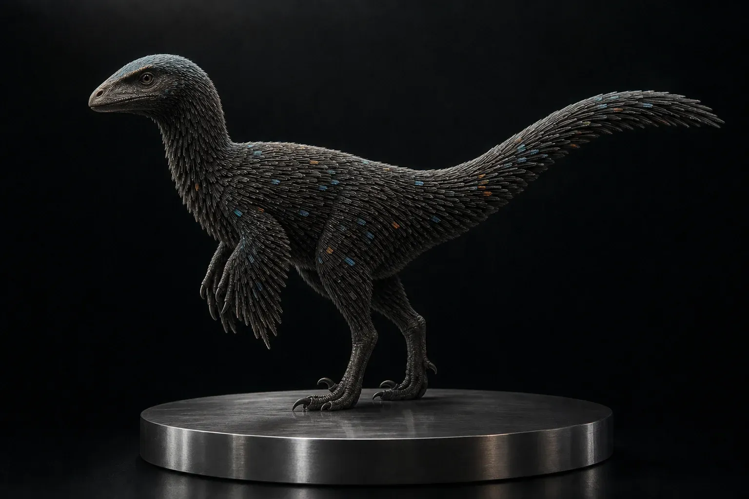 A feathered dinosaur on a steel plinth in a dark studio, its layered plumage forming aligned rows with scattered feathers glowing cyan and amber.