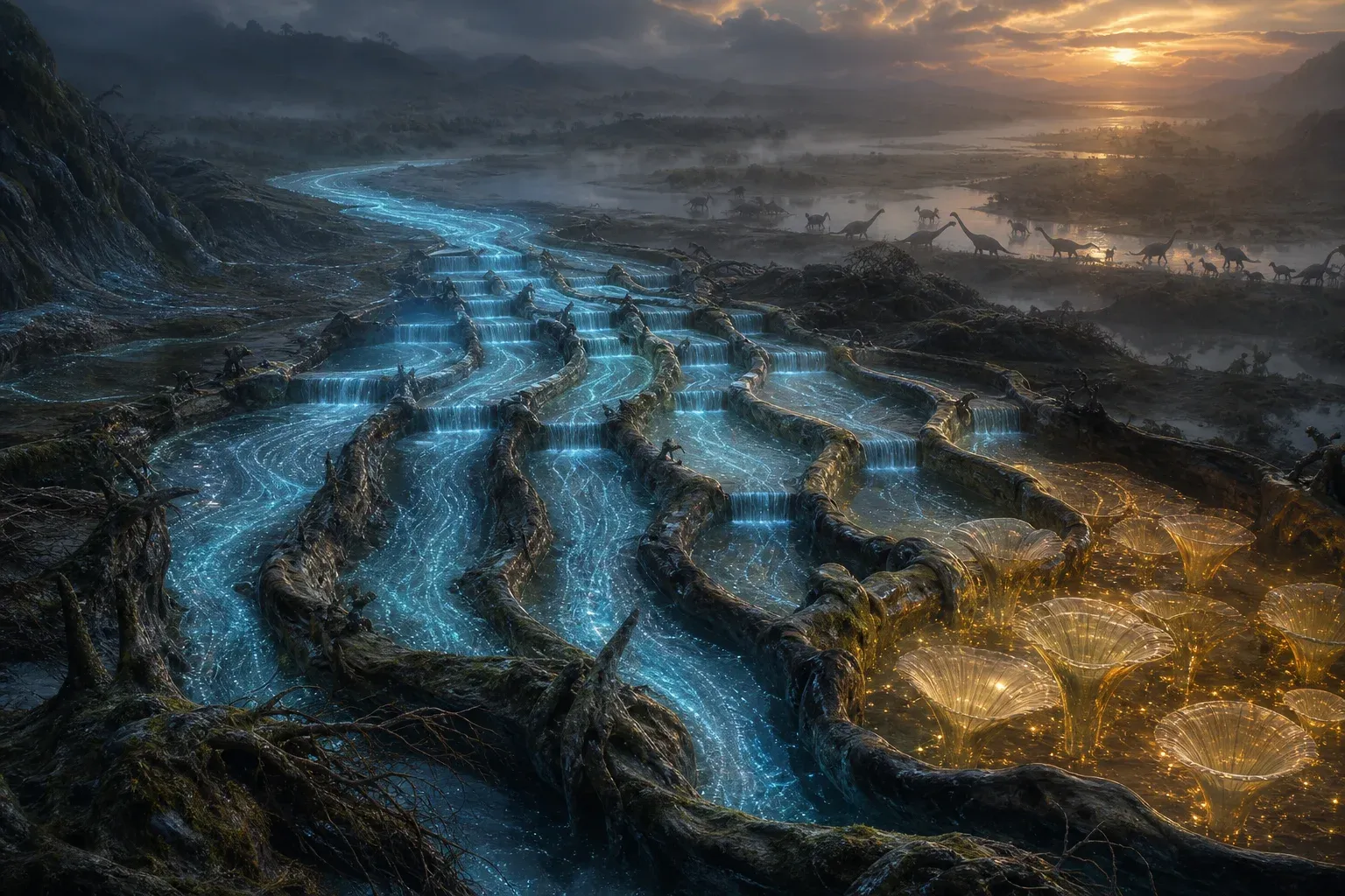 A glowing blue river in a misty valley splits through stone weirs into parallel channels, sorting drifting luminous filaments, with amber ones diverted aside.