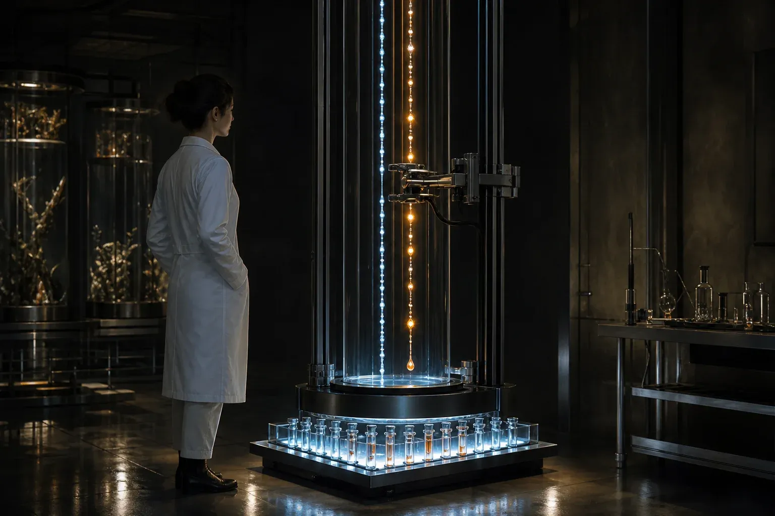 A laboratory instrument compares two glowing DNA-like threads, marking mismatched points in amber and dropping light droplets into crystal vials.