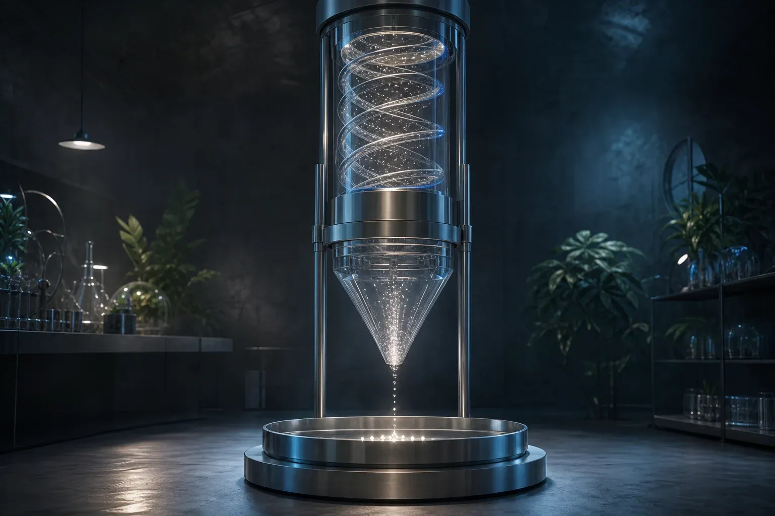 A lab instrument rotating a glass helix, funneling millions of tiny lights down to a few bright points in a metal tray.