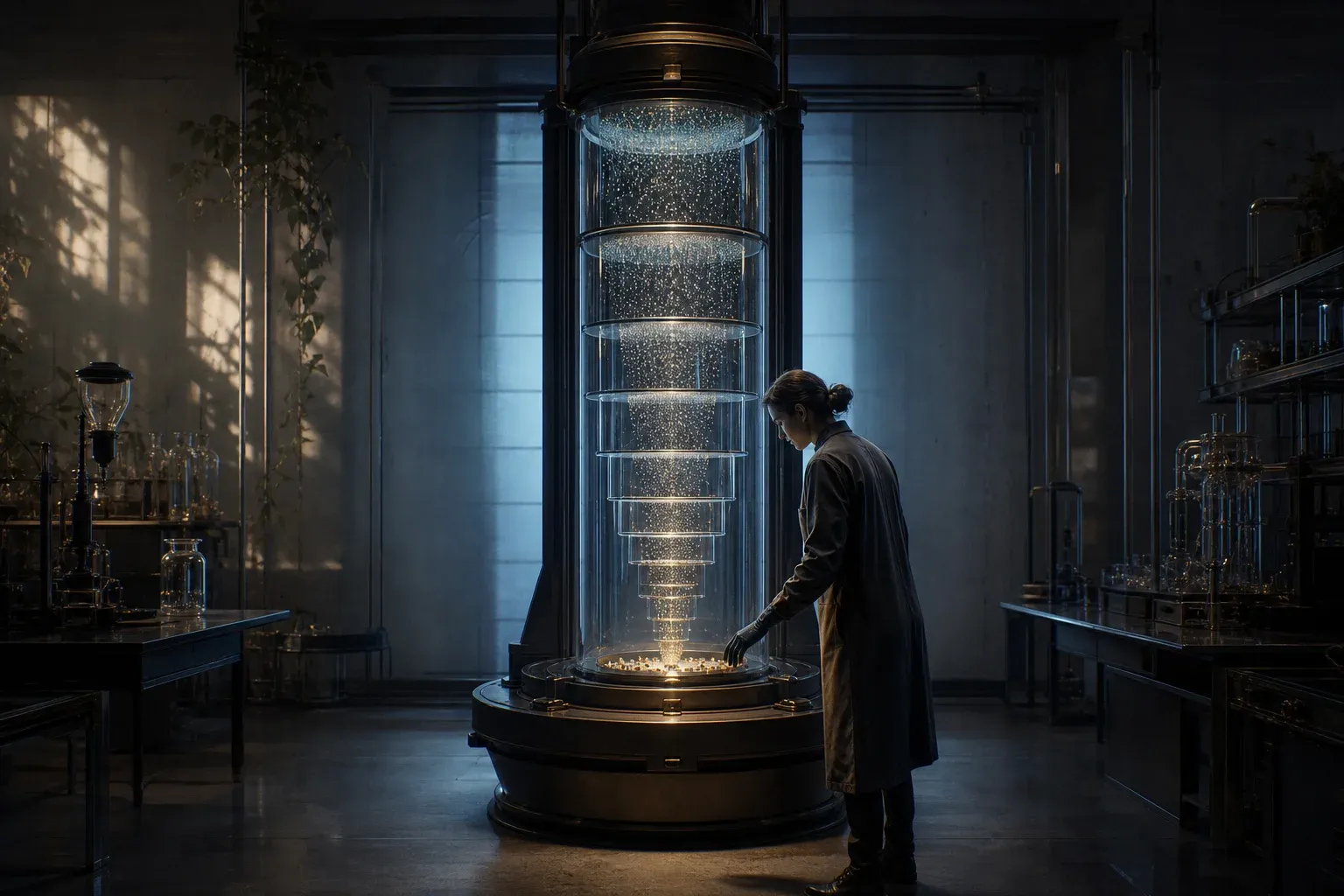 A tall lab instrument filters a cascade of glowing specks through narrowing plates into a tray holding a few dozen bright grains.