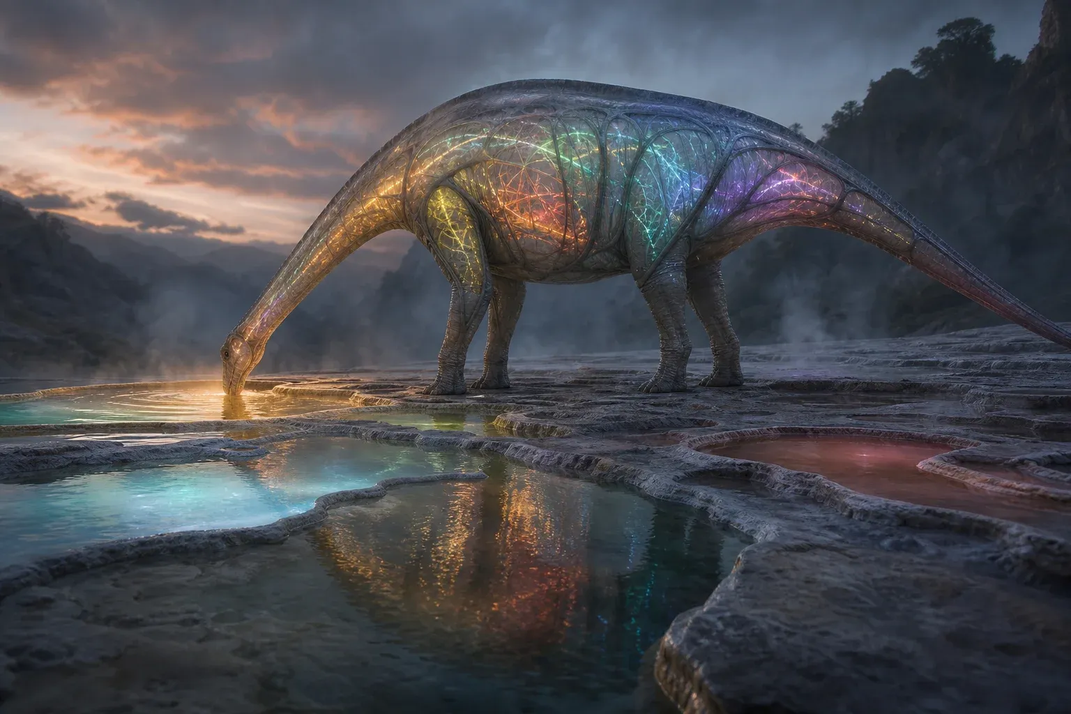 A translucent long-necked creature drinks from glowing mineral pools at dusk, interior channels lighting up in different colors.