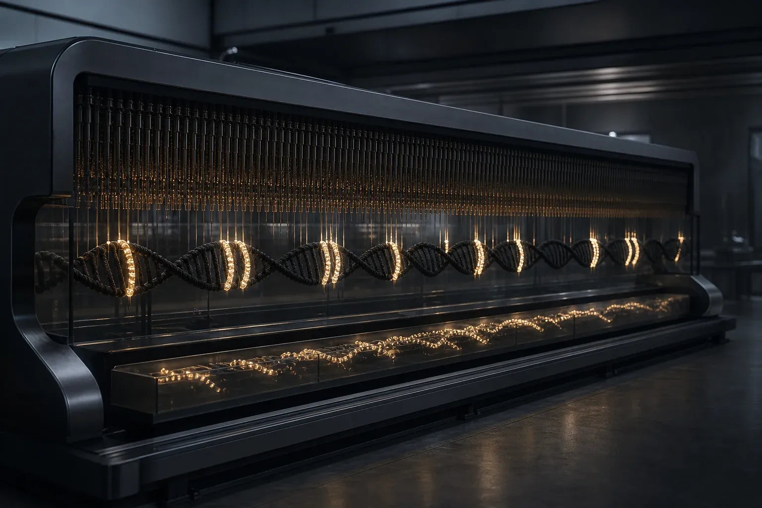 A laboratory machine lowers thousands of thin probe arms onto a long dark DNA strand, lighting up and collecting only scattered short fragments.