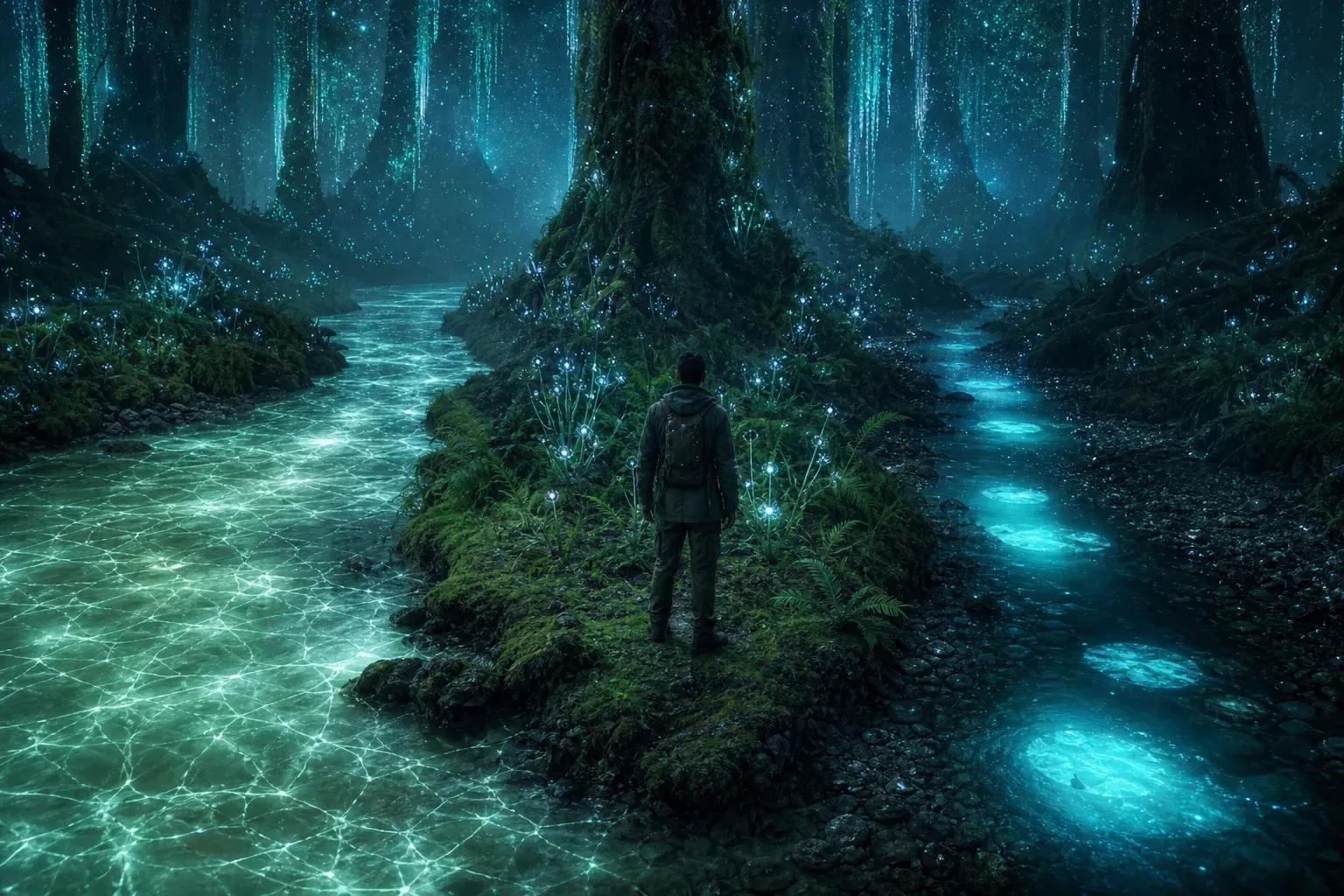 A forest river splits into one evenly glowing wide channel and one narrow channel with a few intensely bright pools.