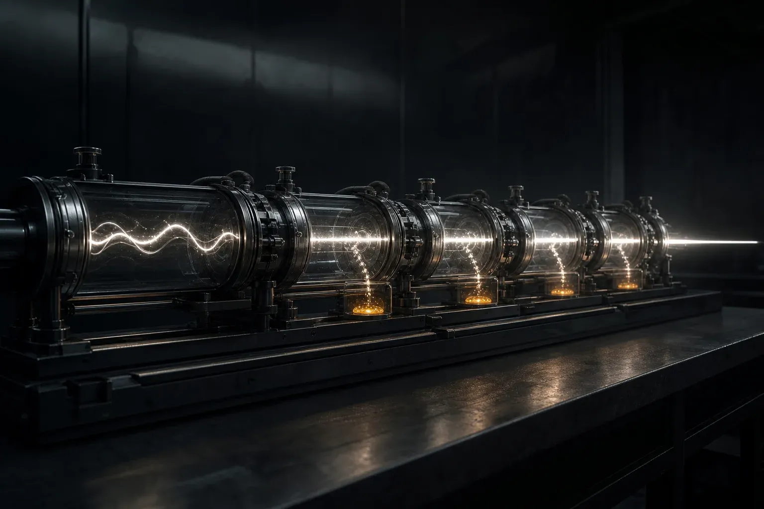 A glowing strand passes through six narrowing chambers of a dark laboratory machine, with specks of light being sorted into small lit wells.