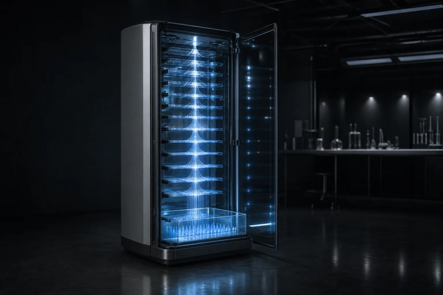 A sequencing machine splits a glowing DNA strand through stacked glass plates into ranked bars of blue light, some flickering.