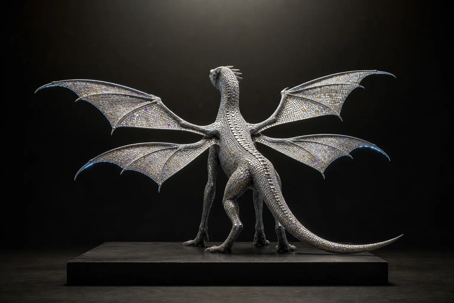 A four-winged reptile specimen on a black plinth, its gray mirrored scales flecked with a few glowing amber and violet ones.