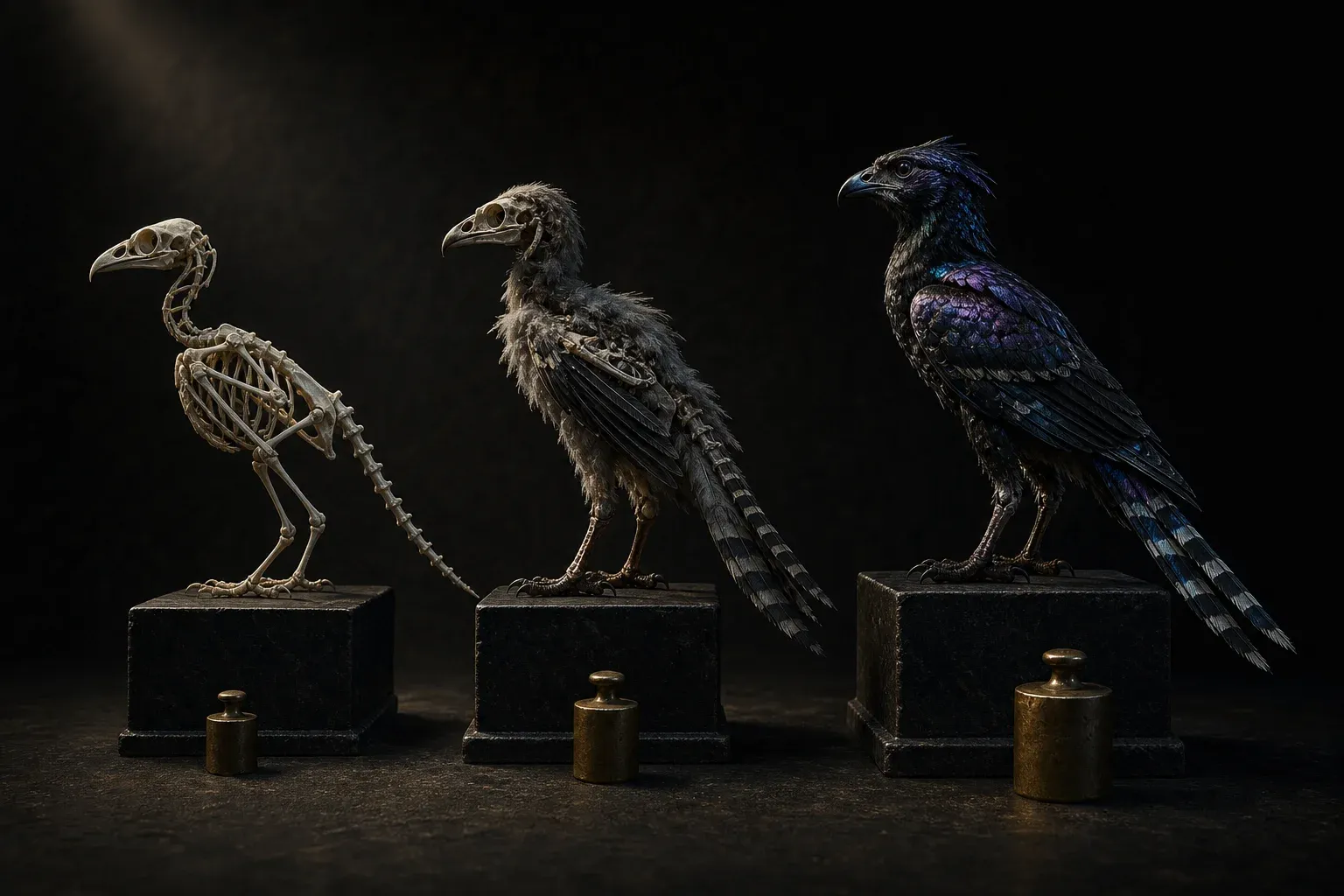 Three versions of the same small feathered dinosaur, from bare skeleton to fully iridescent, on rising black plinths in studio light.