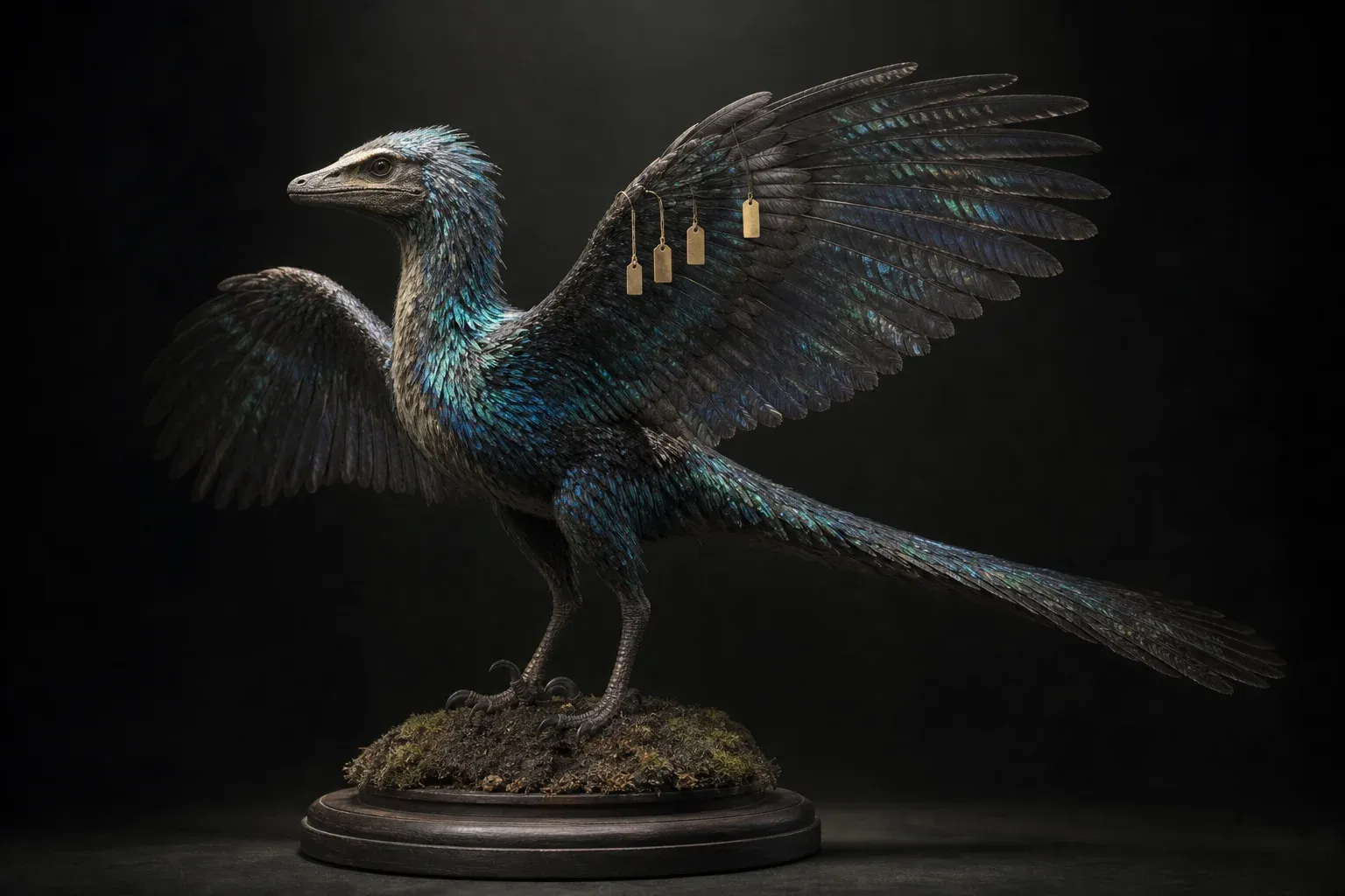 A feathered reptilian specimen under studio light, with five tiny blank brass tags among millions of iridescent feathers.