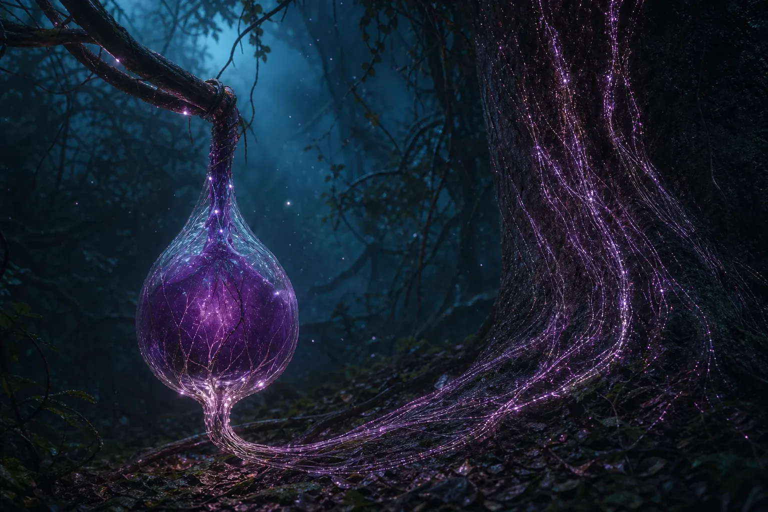 A glowing ampoule of violet sap hanging in a misty bioluminescent forest, its contents drawn up a tree trunk as thousands of parallel light lines.