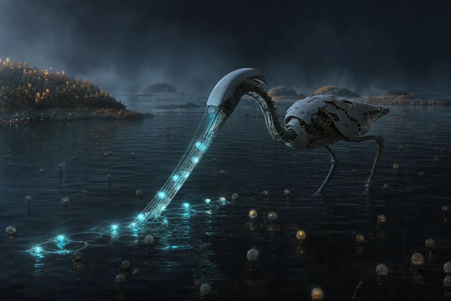 A long-billed wading creature in a dark marsh at night, glowing seed-pods caught inside its translucent bill while others drift past unlit.