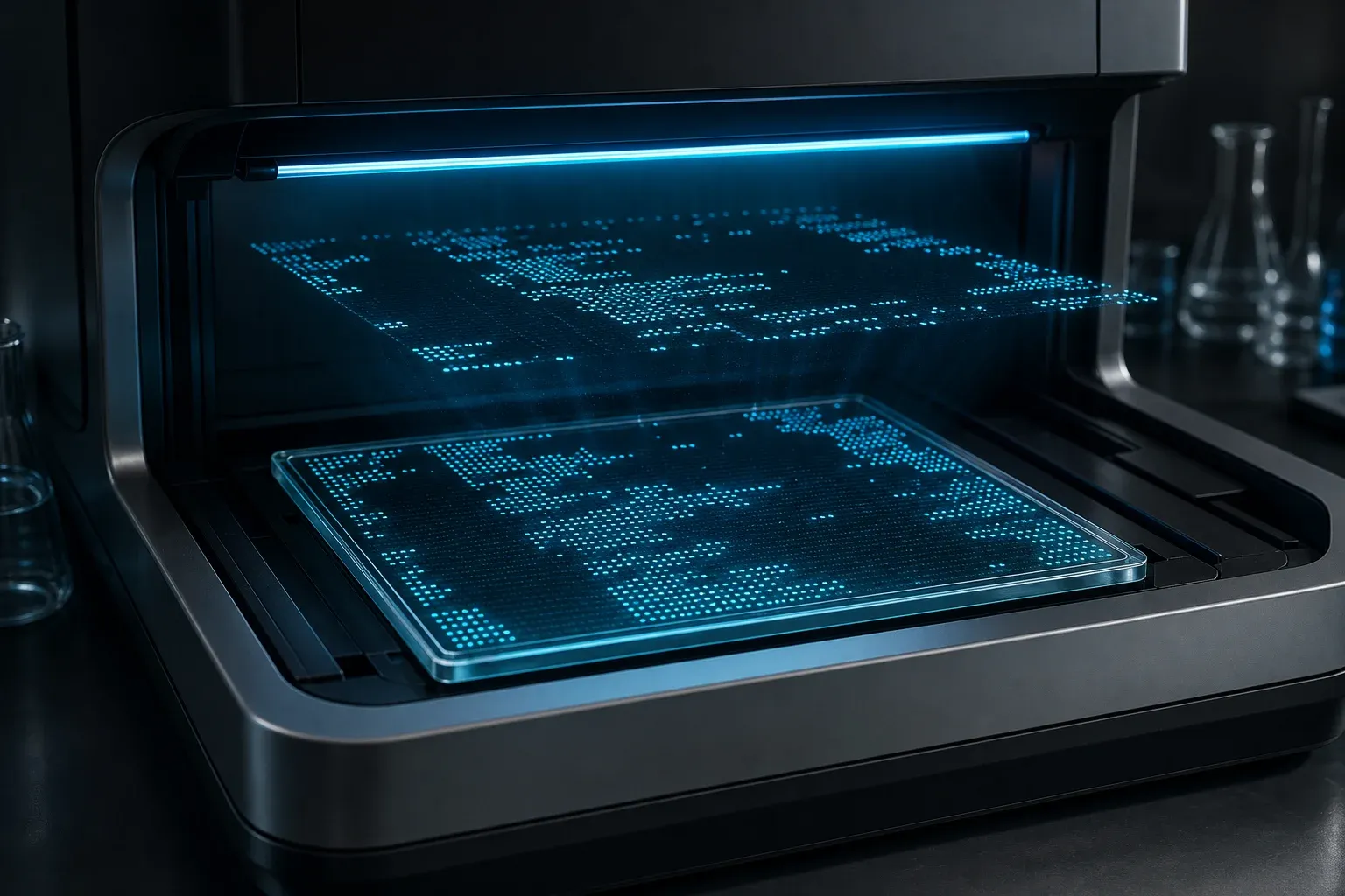 A glass chip covered in a grid of glowing dots separated by dark gaps, scanned by a blue light bar inside a dim laboratory instrument.